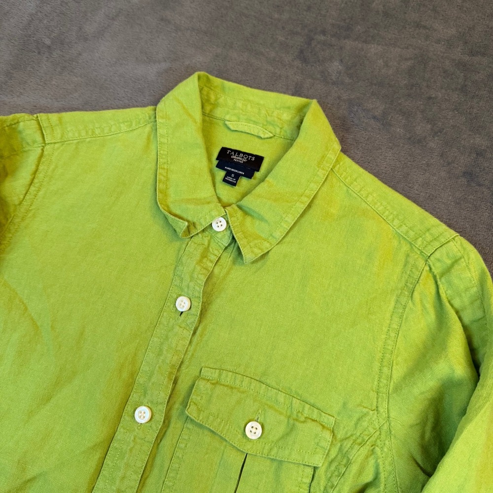 Talbots Pure Irish Linen Button Up Womens Small Green 3/4 Sleeve Petite